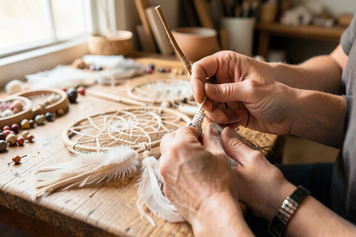 Mains d'artisan tissant un attrape-rêves